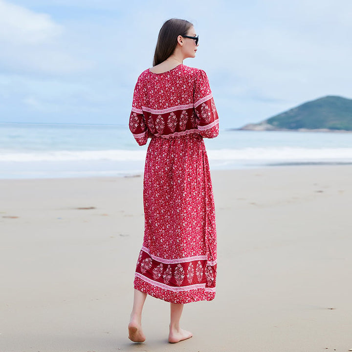 Kayla Sukienka Damska Maxi – Kwiatowa Sukienka Plus Size z Dekoltem w Serek, Długimi Rękawami i Asymetrycznym Dołem