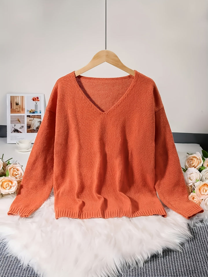 Abby | Klasyczny Lekki Sweter Dzianinowy z Dekoltem w Serek
