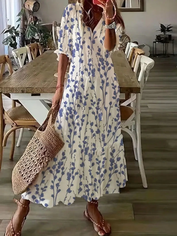 Letnia Sukienka Damska Charm – Elegancka Sukienka Boho z Falbankami, Dekoltem w Serek i Wzorem Ikat