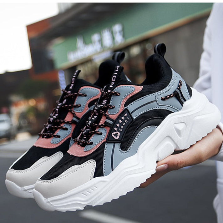 Allison Sneakers Damskie – Buty Sportowe z Grubą Podeszwą z Oddychającej Siatki i Skórzanym Detalem