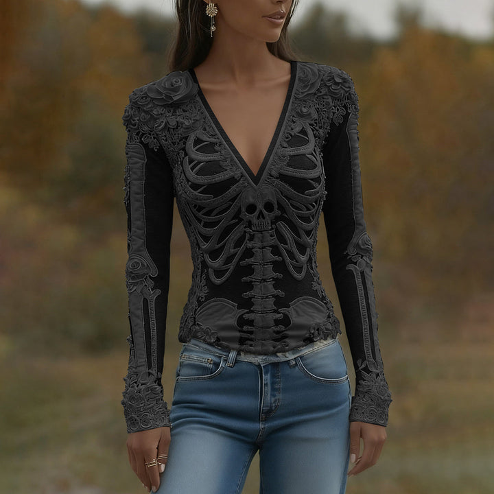 Arwen | Koszulka V-Neck z nadrukiem szkieletu na Halloween
