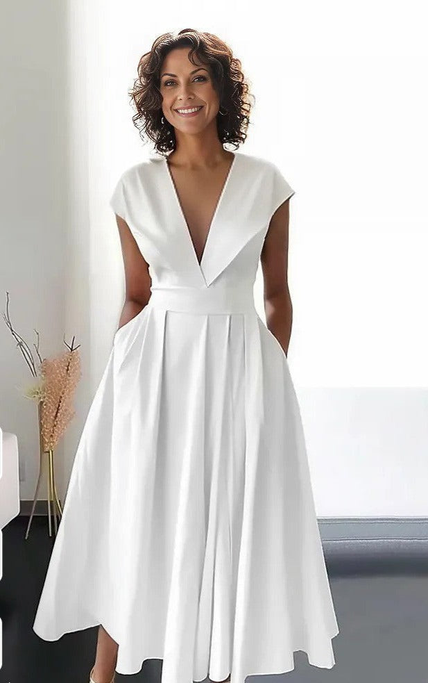 Robe Longue Femme Beatrice – Élégante Robe Blanche avec Décolleté en V pour l’Été et les Événements Spéciaux