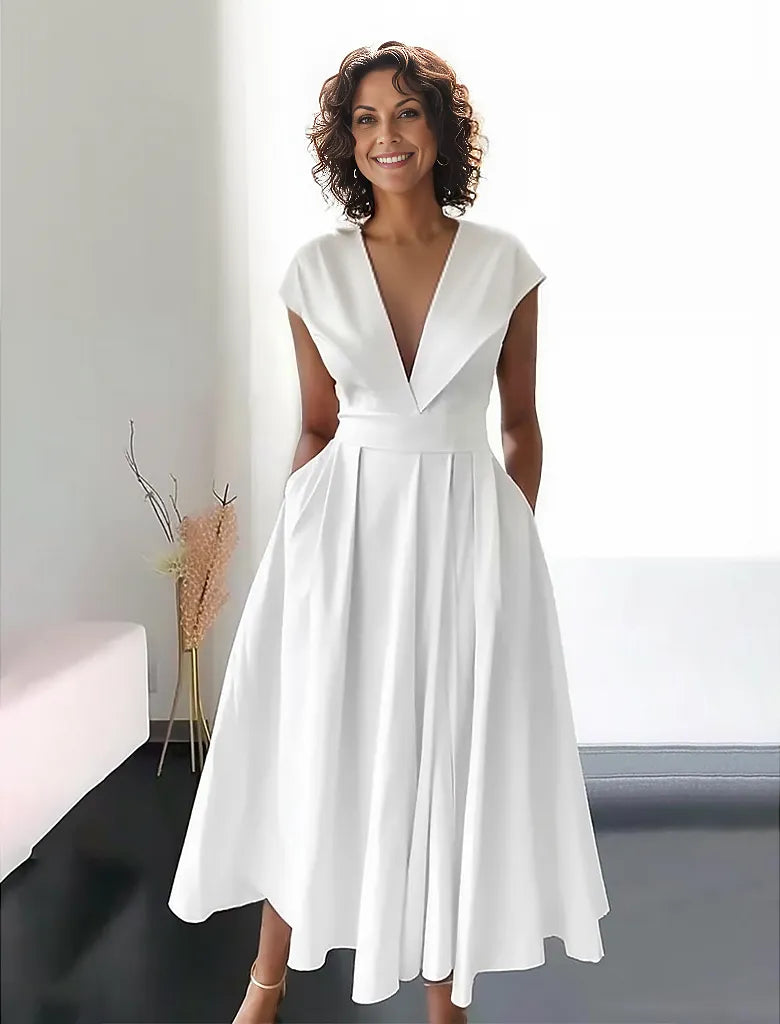 Robe Longue Femme Beatrice – Élégante Robe Blanche avec Décolleté en V pour l’Été et les Événements Spéciaux