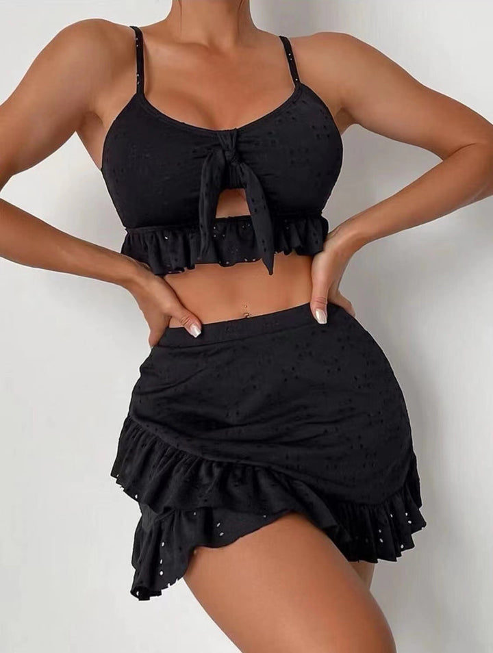 Serena 3-Częściowy Strój Kąpielowy Damski – Modne Bikini z Falbankami, Spódniczką i Dopasowanym Topem
