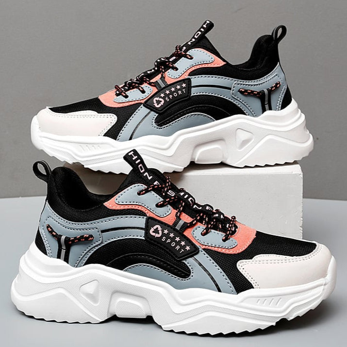 Allison Sneakers Damskie – Buty Sportowe z Grubą Podeszwą z Oddychającej Siatki i Skórzanym Detalem