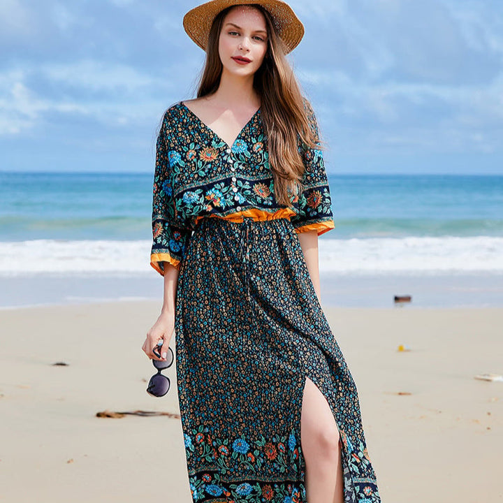 Kayla Sukienka Damska Maxi – Kwiatowa Sukienka Plus Size z Dekoltem w Serek, Długimi Rękawami i Asymetrycznym Dołem