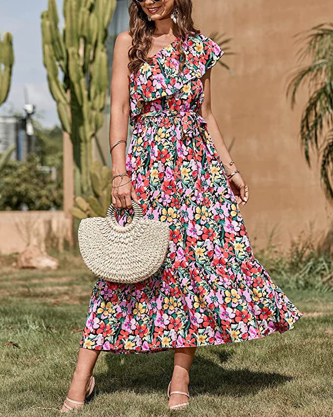 Ella Sukienka Boho Damska – Letnia Sukienka Bez Rękawów z Asymetrycznym Ramiączkiem i Wysokim Stanem