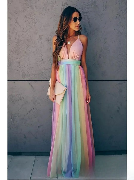 Isabelle Sukienka Damska Maxi – Elegancka Sukienka w Tęczowym Ombre na Letni, Kobiecy Look