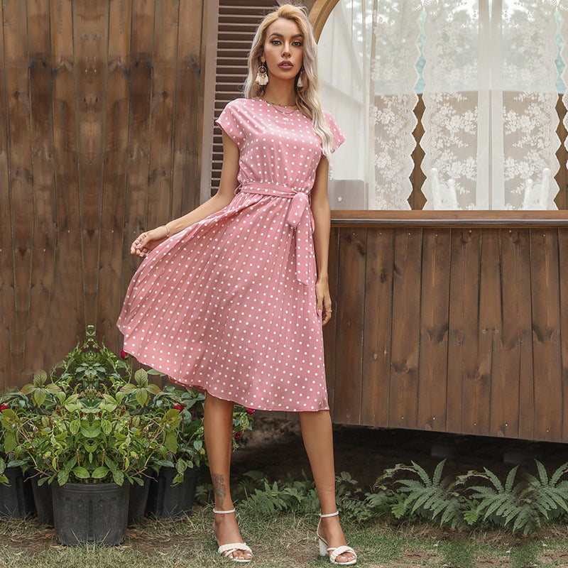 Victoria Sukienka Midi Damska – Elegancka Sukienka w Grochy z Krótkim Rękawem na Lato i Co Dzień