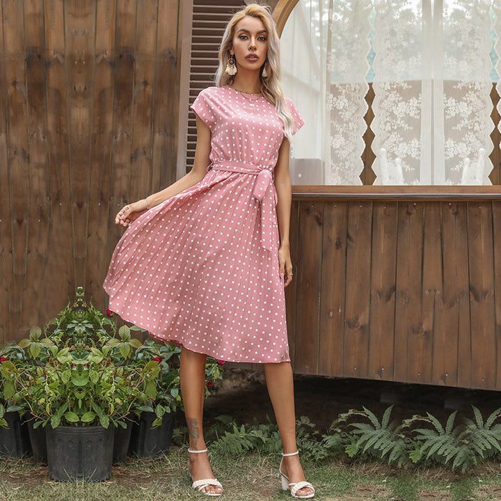 Victoria Sukienka Midi Damska – Elegancka Sukienka w Grochy z Krótkim Rękawem na Lato i Co Dzień