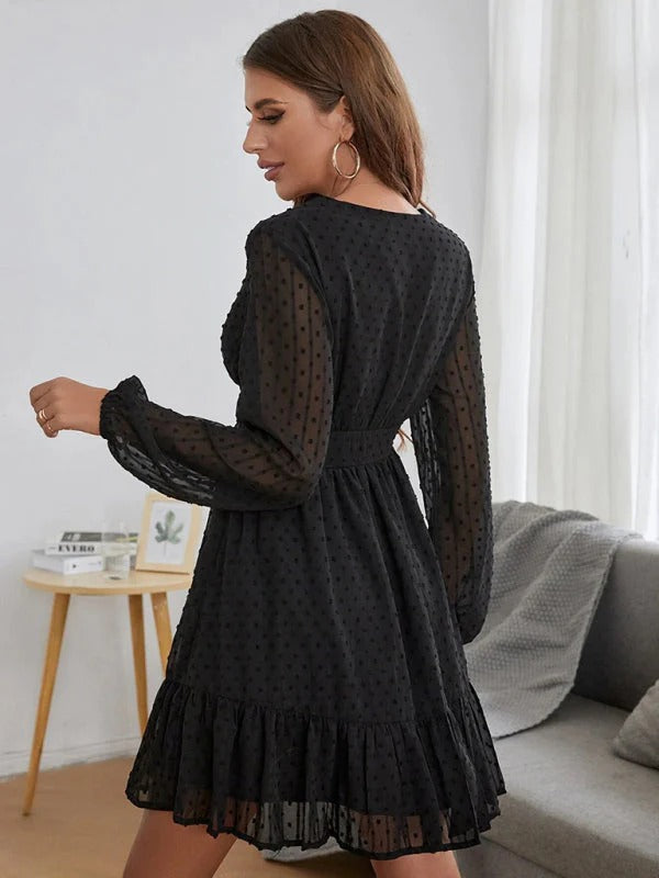 Christy Sukienka w Kropki Damska – Lekka Sukienka Fit & Flare z Długimi Rękawami i Swobodnym Wzorem