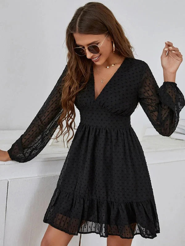Christy Sukienka w Kropki Damska – Lekka Sukienka Fit & Flare z Długimi Rękawami i Swobodnym Wzorem
