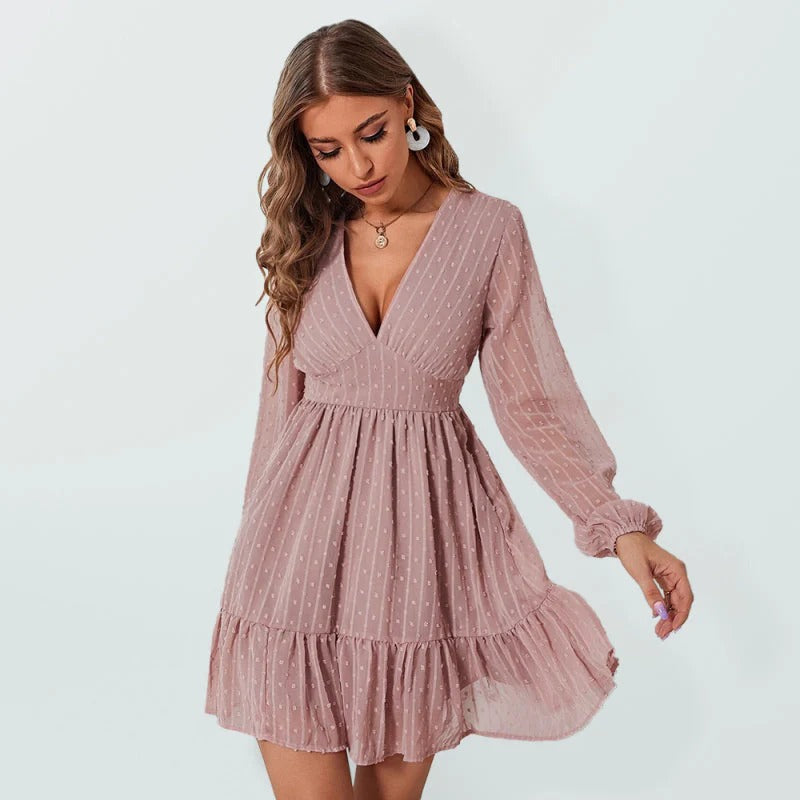 Christy Sukienka w Kropki Damska – Lekka Sukienka Fit & Flare z Długimi Rękawami i Swobodnym Wzorem