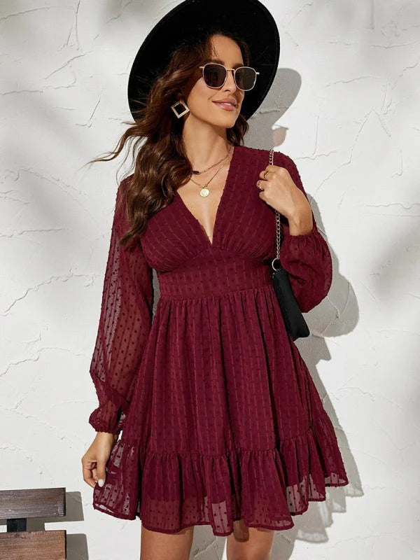Christy Sukienka w Kropki Damska – Lekka Sukienka Fit & Flare z Długimi Rękawami i Swobodnym Wzorem