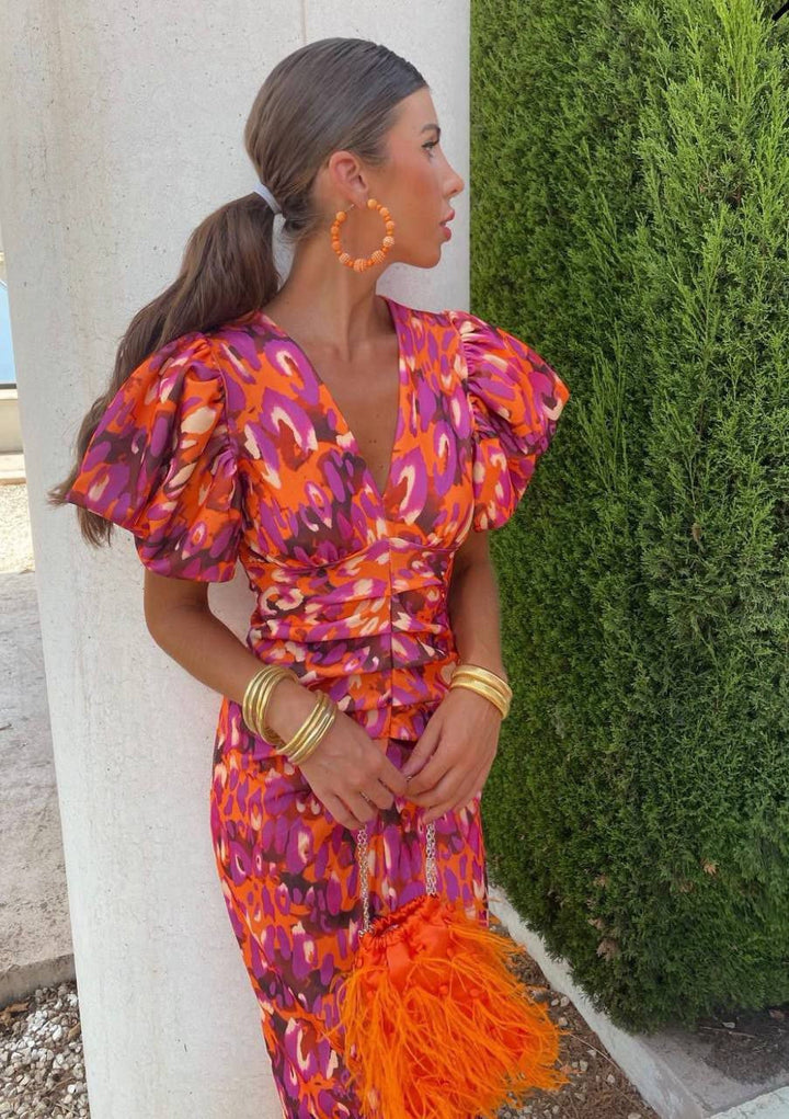 Sophie Sukienka Midi w Wzory – Bufiaste Rękawy i Elegancka Dopasowana Sylwetka