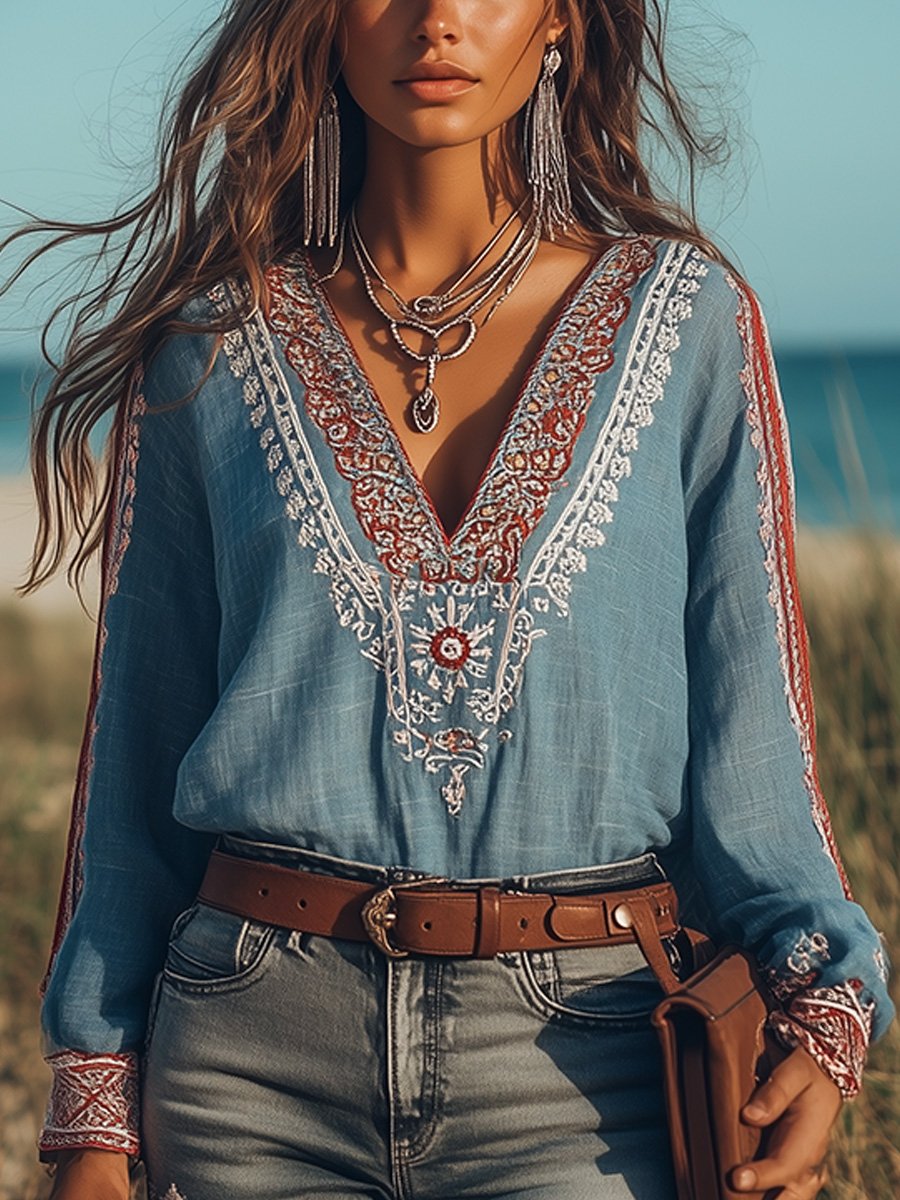 Eloise Damska Bluzka – Boho Koszula z Bawełny & Lnu ze Haftami & Dekoltem w Serek