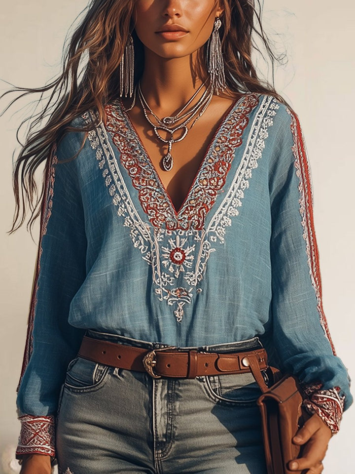 Eloise Damska Bluzka – Boho Koszula z Bawełny & Lnu ze Haftami & Dekoltem w Serek