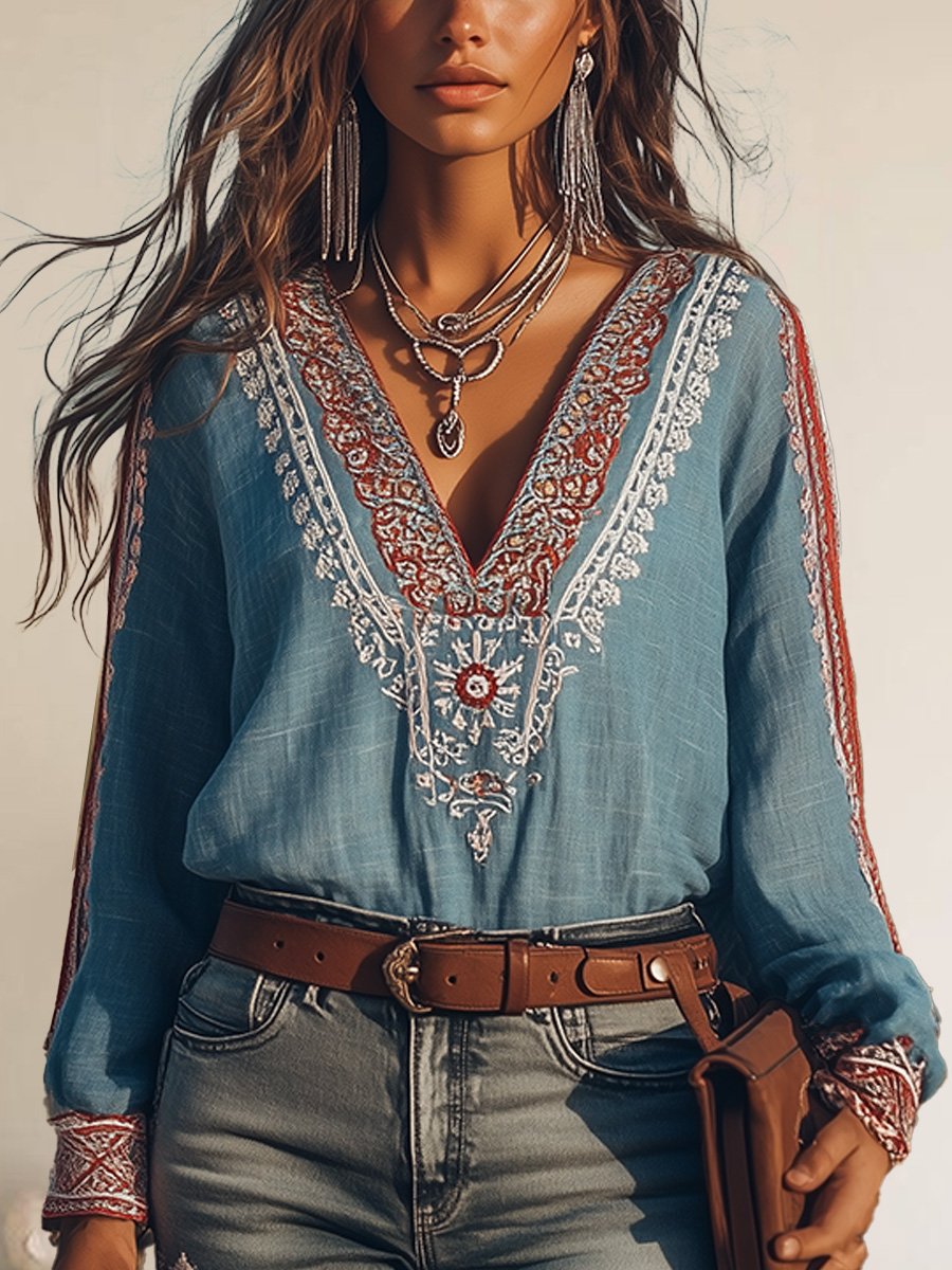 Eloise Damska Bluzka – Boho Koszula z Bawełny & Lnu ze Haftami & Dekoltem w Serek