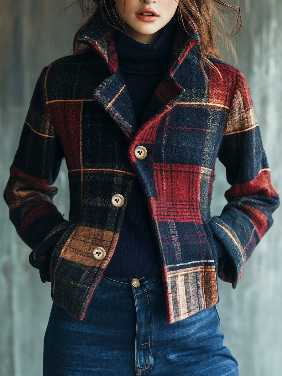Noelle | Vintage Plaid Jacket z Stojącym Kołnierzem