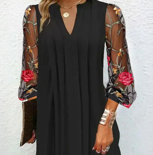 Mylene Damska Sukienka Mini – Elegancki Dekolt w Serek z Transparentnymi Rękawami & Kwiatowym Wzorem