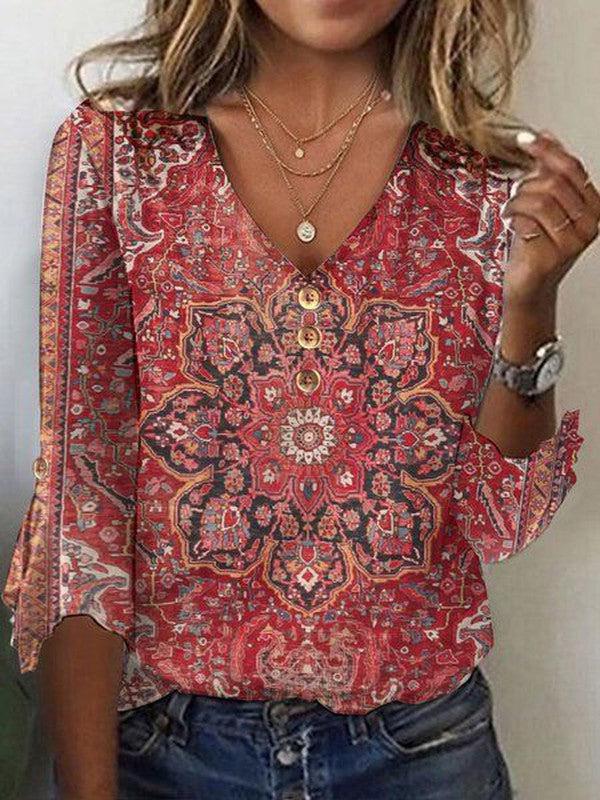 Brianna Bluzka Boho Damska – Rubinowoczerwona Bluzka z Orientalnym Wzorem i Autentycznym Boho Stylem