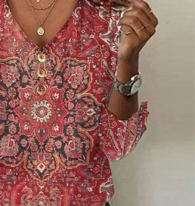 Brianna Bluzka Boho Damska – Rubinowoczerwona Bluzka z Orientalnym Wzorem i Autentycznym Boho Stylem