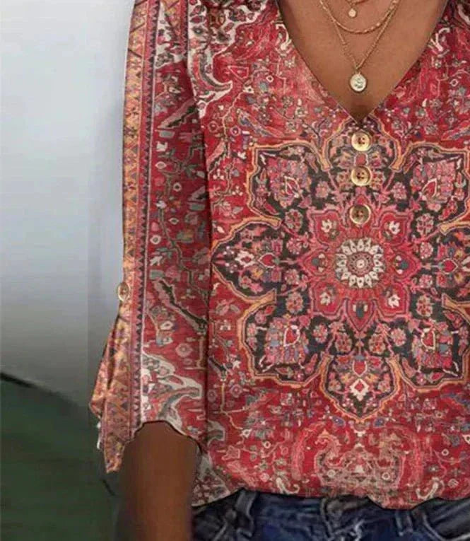 Brianna Bluzka Boho Damska – Rubinowoczerwona Bluzka z Orientalnym Wzorem i Autentycznym Boho Stylem
