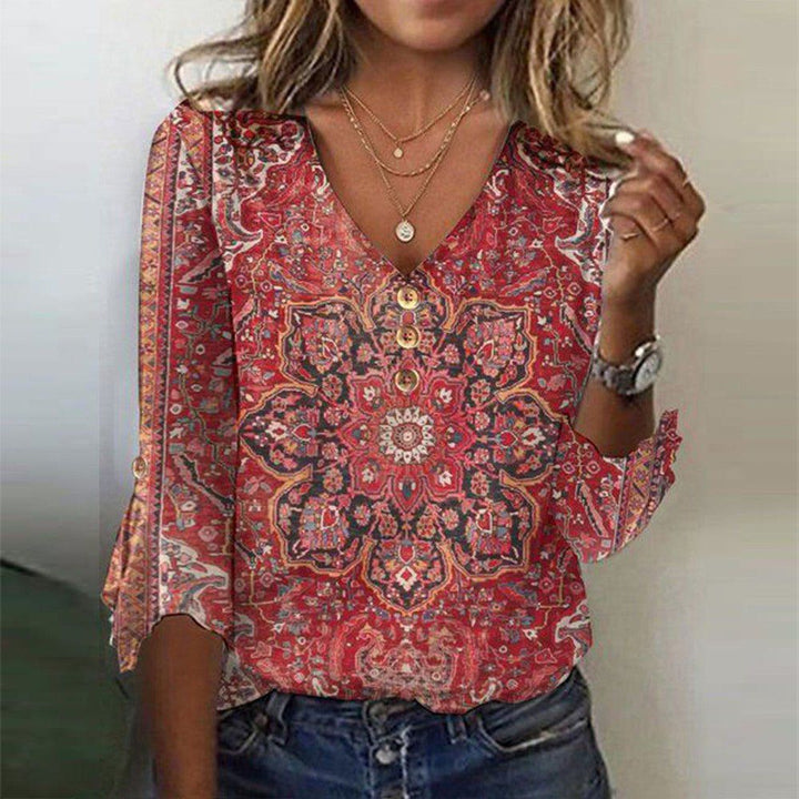 Brianna Bluzka Boho Damska – Rubinowoczerwona Bluzka z Orientalnym Wzorem i Autentycznym Boho Stylem