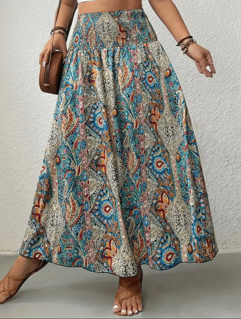 Serenity Damska Spódnica Maxi – Długa Spódnica Boho z Rozkloszowanym Krojem i Wzorem Nomadów