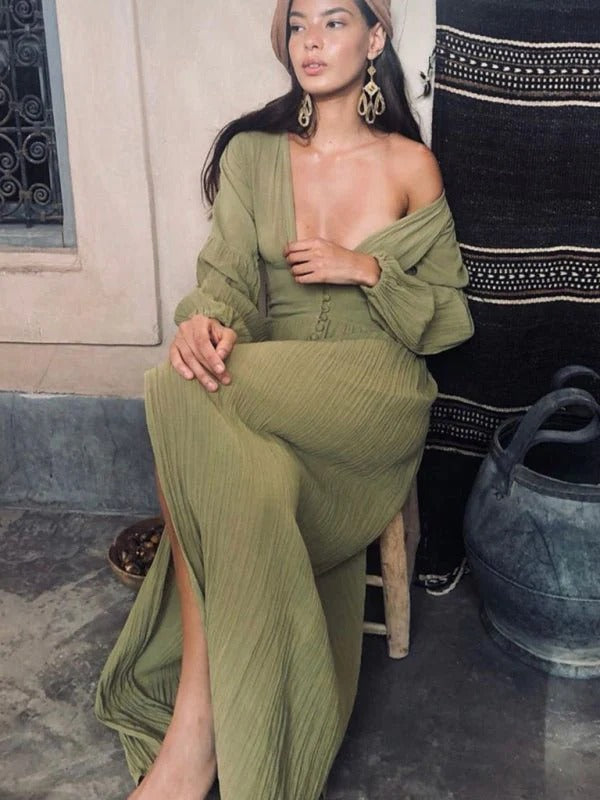 Leslie Sukienka Damska Maxi – Elegancka Sukienka z Krzyżowanym Dekoltem w S, Marszczoną Talią i Stylowym Rozcięciem z Boku