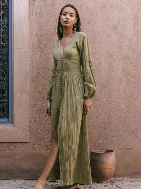 Leslie Sukienka Damska Maxi – Elegancka Sukienka z Krzyżowanym Dekoltem w S, Marszczoną Talią i Stylowym Rozcięciem z Boku