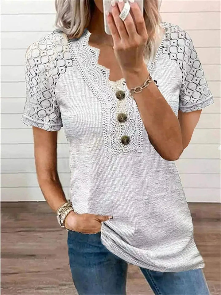 T-shirt Damski Chandy z Koronkowymi Detalami – Lekka Bawełna z Krótkim Rękawem na Wiosnę i Lato