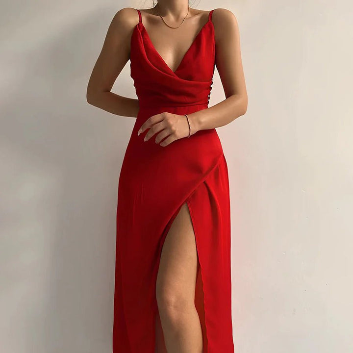 Elegancka Sukienka Laire Damska – Cienkie ramiączka, dekolt w serek, dopasowana talia, wysokie rozcięcie – Elegancka sukienka wieczorowa