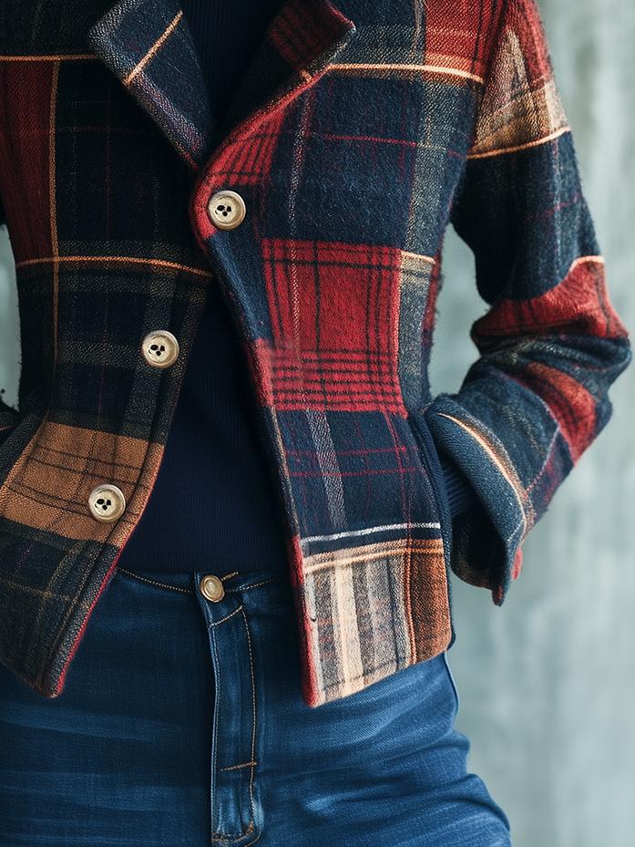 Noelle | Vintage Plaid Jacket z Stojącym Kołnierzem