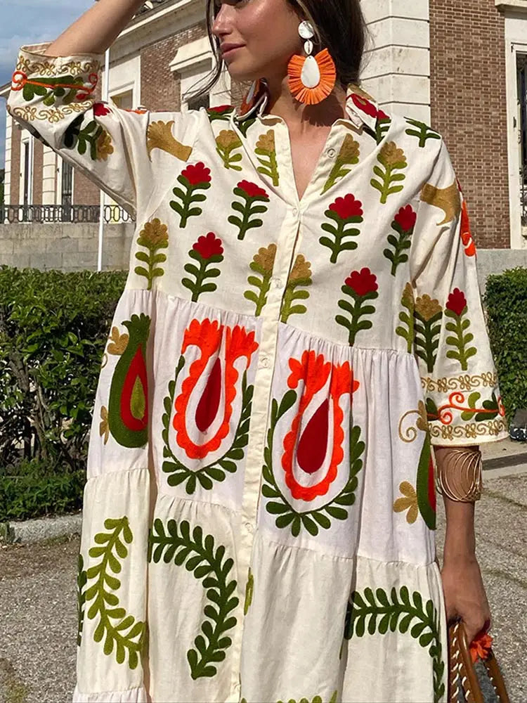 Celia Sukienka Maxi Damska – Długa Bawełniana Sukienka z Boho Haftami i Kolorowymi Detalami