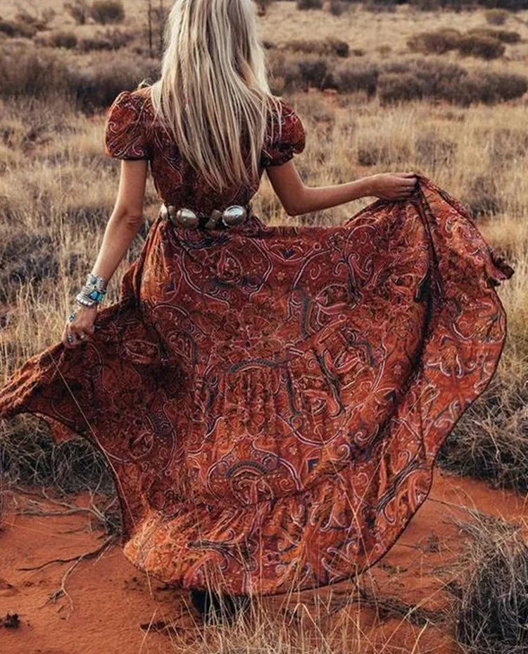 Azaria Długa Sukienka Boho – Maxi Sukienka Damska z Wzorem Paisley i Zwiewnym, Eleganckim Stylem