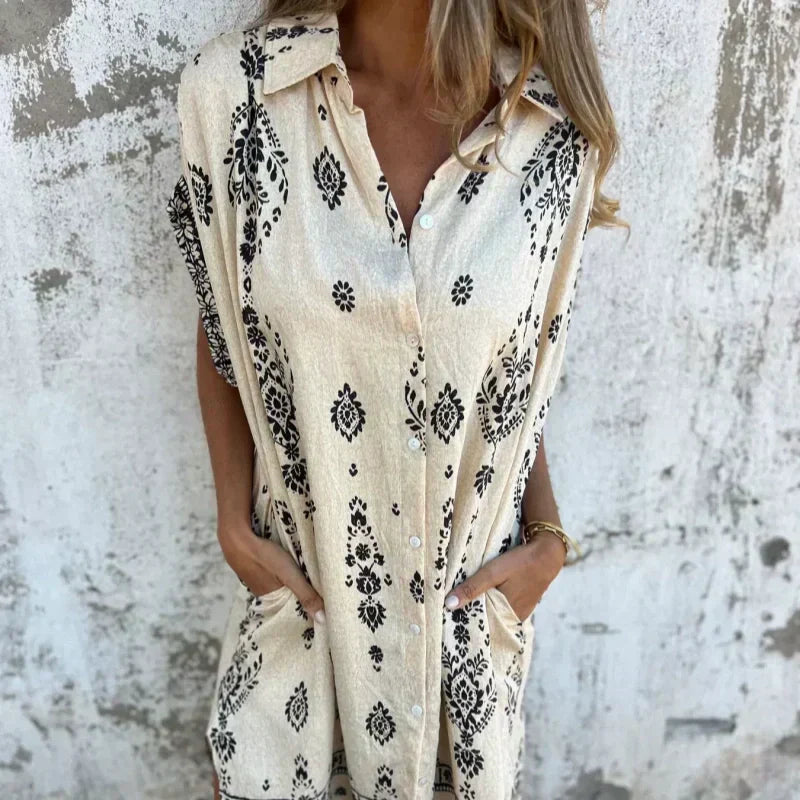 Claire Damska Sukienka – Elegancka Sukienka z Dekoltem w Serek, Modnym Printem i Praktycznymi Kieszeniami