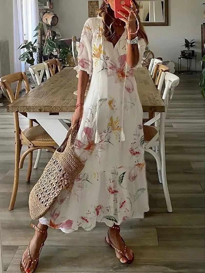 Długa Sukienka Damska Bettina – Letnia Sukienka Boho z Troczkiem w Talii i Zwiewnym Krojem