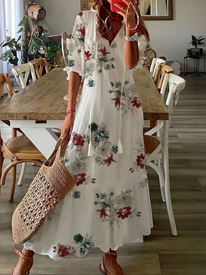 Długa Sukienka Damska Bettina – Letnia Sukienka Boho z Troczkiem w Talii i Zwiewnym Krojem