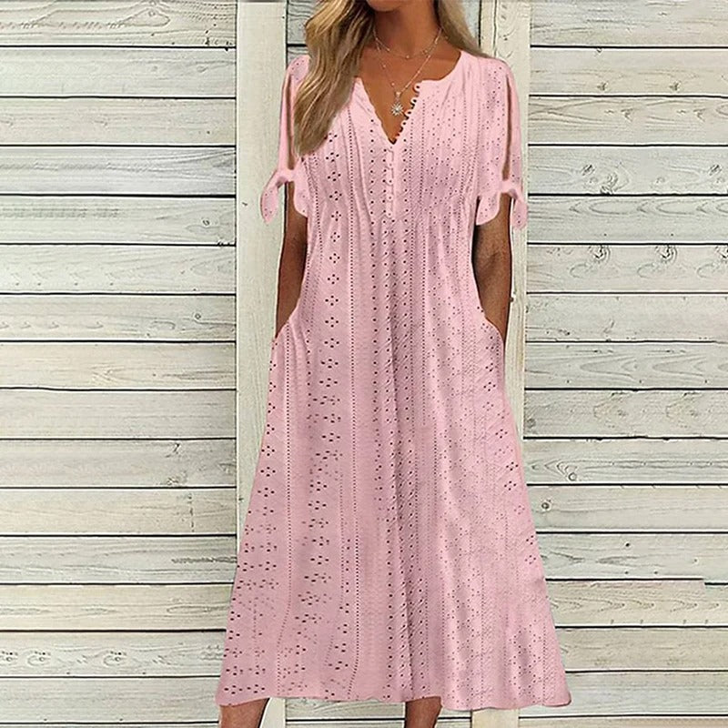 Mariah Sukienka Midi Letnia Damska – Elegancka Sukienka z Dekoltem w Serek z Lekkiej Koronki Angielskiej