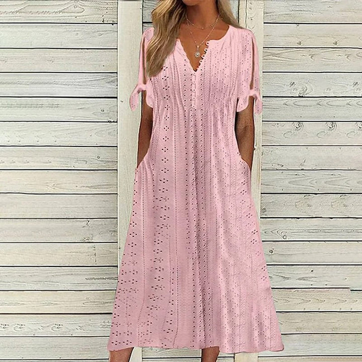Mariah Sukienka Midi Letnia Damska – Elegancka Sukienka z Dekoltem w Serek z Lekkiej Koronki Angielskiej