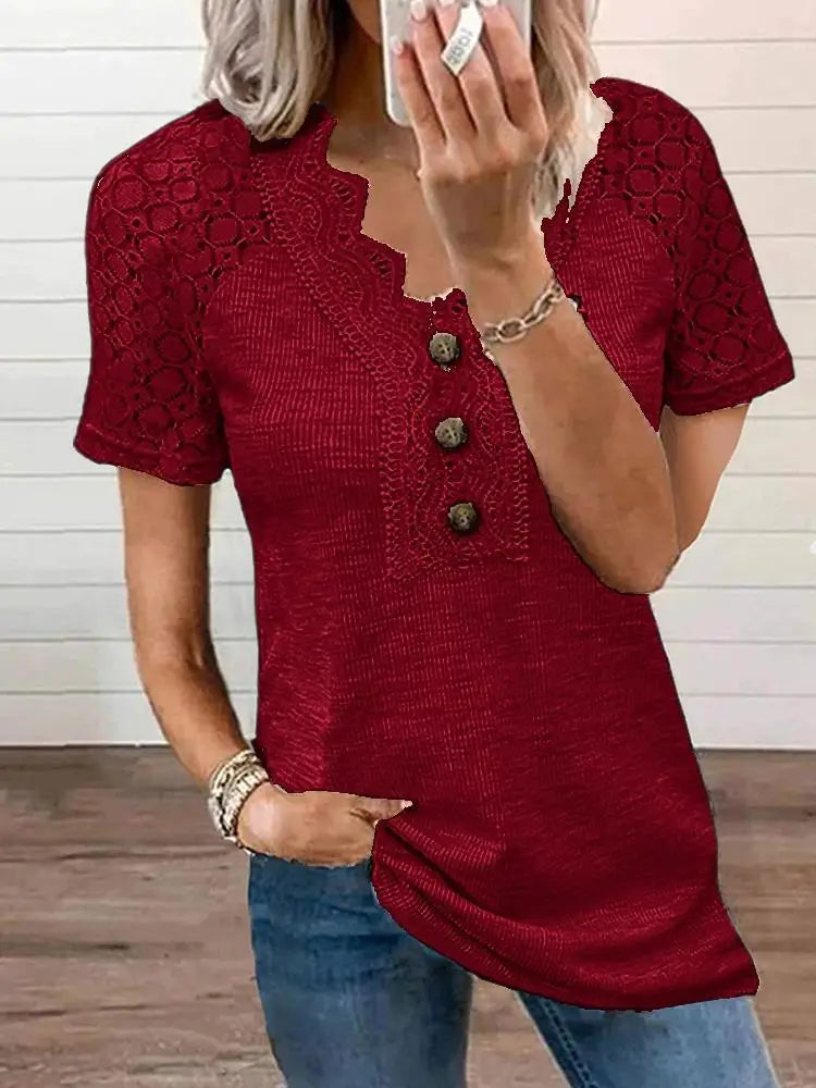 T-shirt Damski Chandy z Koronkowymi Detalami – Lekka Bawełna z Krótkim Rękawem na Wiosnę i Lato